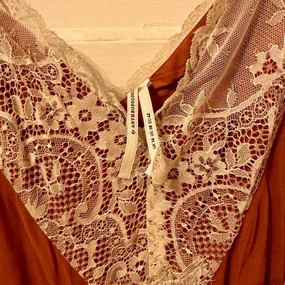 By Anthropologie Sleeveless Asymmetrical Lace Rust Slip Dress 10 - Picture 9 of 9